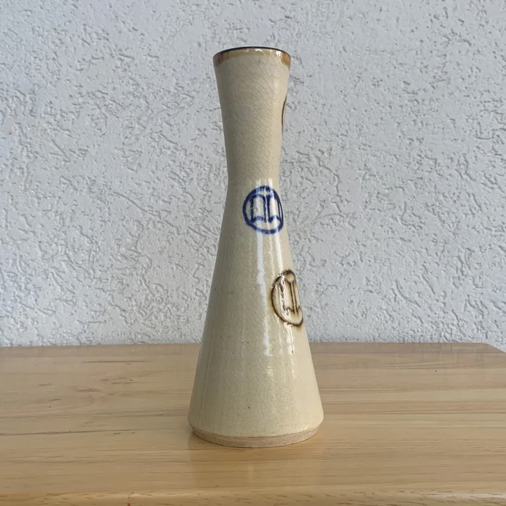 Ceramic vase with spout cream brown and blue accents crazed hand thrown piece